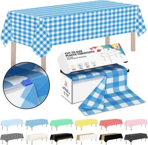 CXPSINC Plastic Table Cover Roll with Slide Cutter, Disposable Tablecloth Roll for Picnic, Party, Banquet, Birthdays, Weddings (Blue Checkered, 54 Inch X 300 Feet)