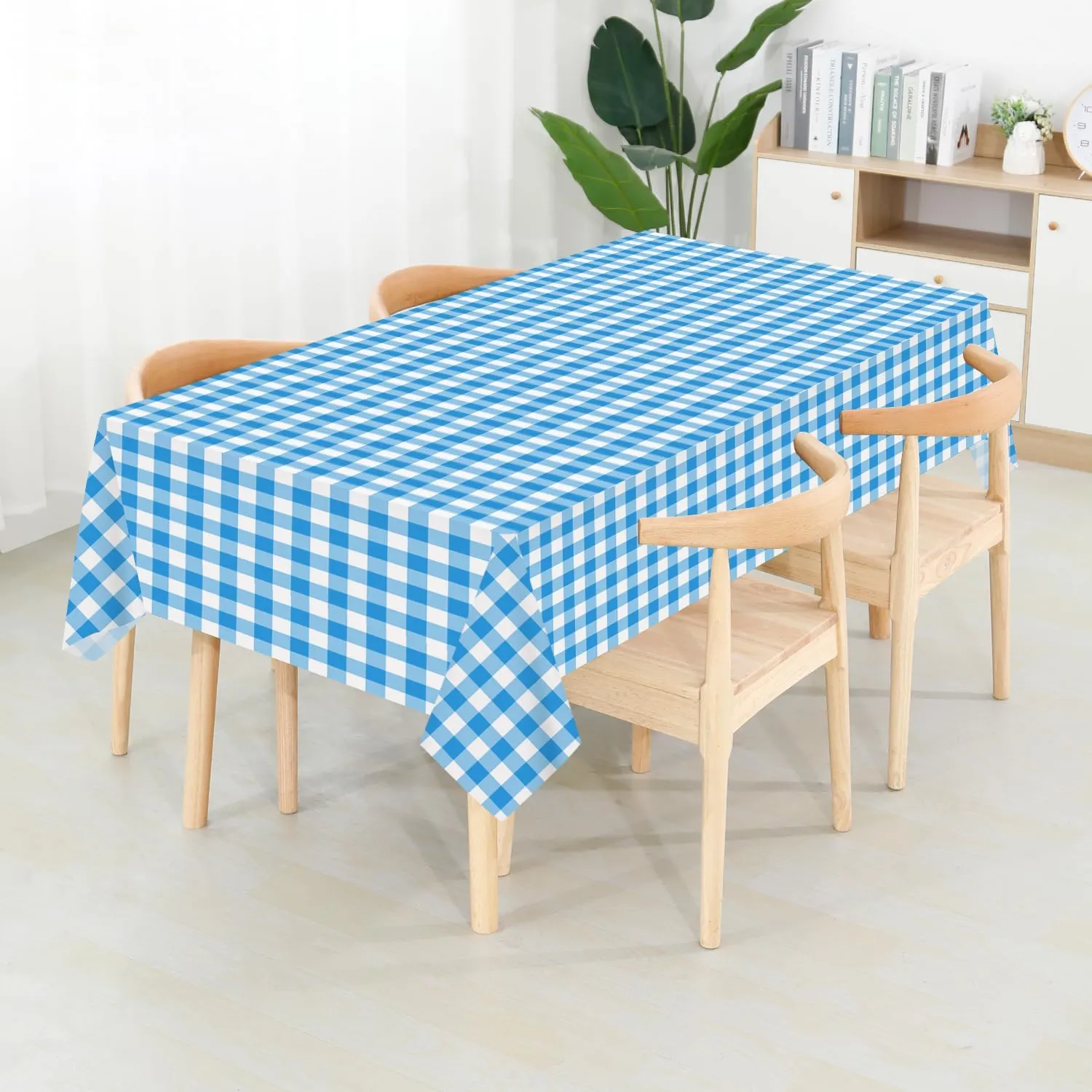 CXPSINC Plastic Table Cover Roll with Slide Cutter, Disposable Tablecloth Roll for Picnic, Party, Banquet, Birthdays, Weddings (Blue Checkered, 54 Inch X 300 Feet)