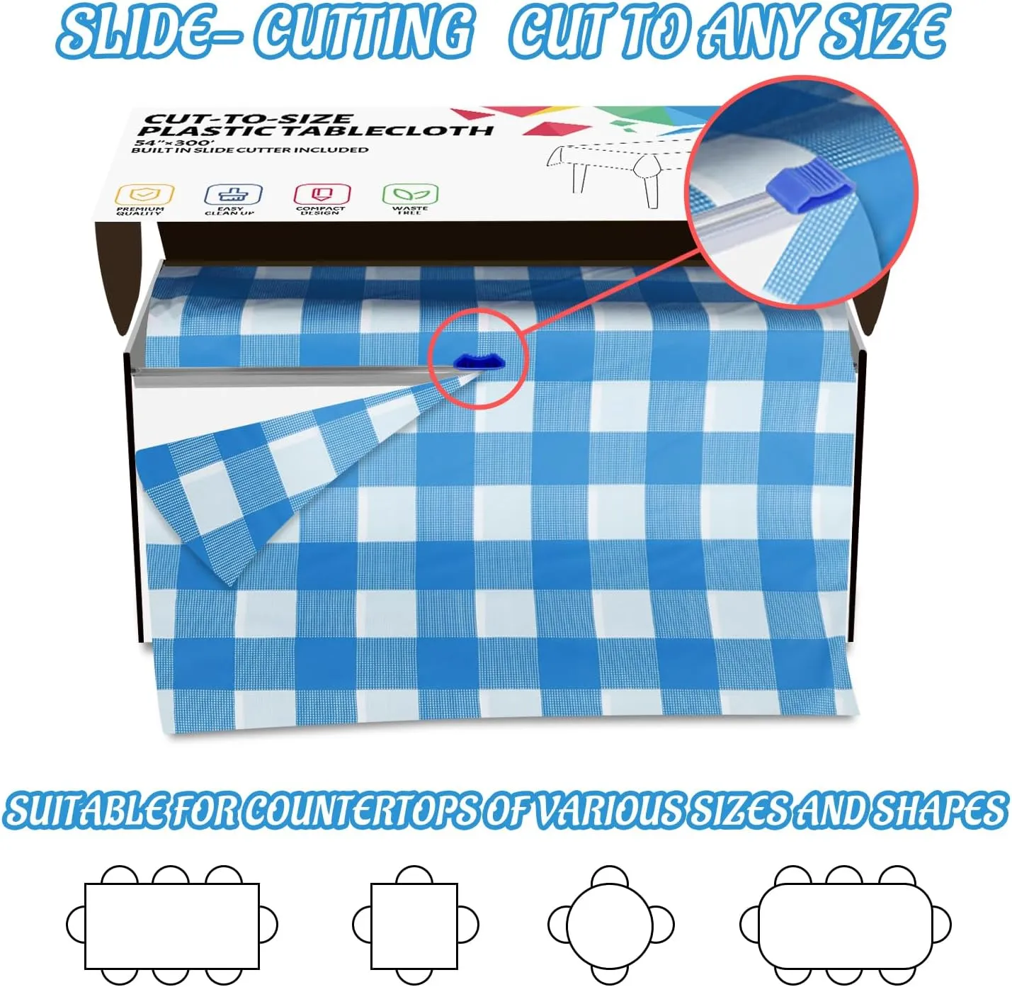 CXPSINC Plastic Table Cover Roll with Slide Cutter, Disposable Tablecloth Roll for Picnic, Party, Banquet, Birthdays, Weddings (Blue Checkered, 54 Inch X 300 Feet)
