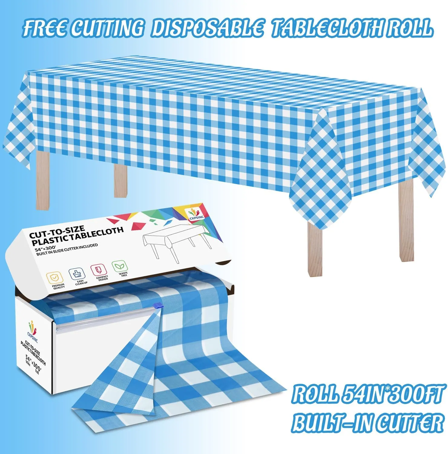 CXPSINC Plastic Table Cover Roll with Slide Cutter, Disposable Tablecloth Roll for Picnic, Party, Banquet, Birthdays, Weddings (Blue Checkered, 54 Inch X 300 Feet)