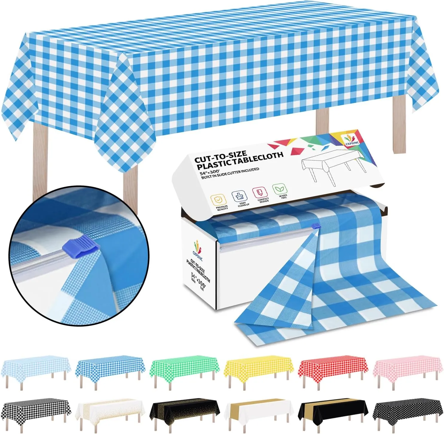 CXPSINC Plastic Table Cover Roll with Slide Cutter, Disposable Tablecloth Roll for Picnic, Party, Banquet, Birthdays, Weddings (Blue Checkered, 54 Inch X 300 Feet)