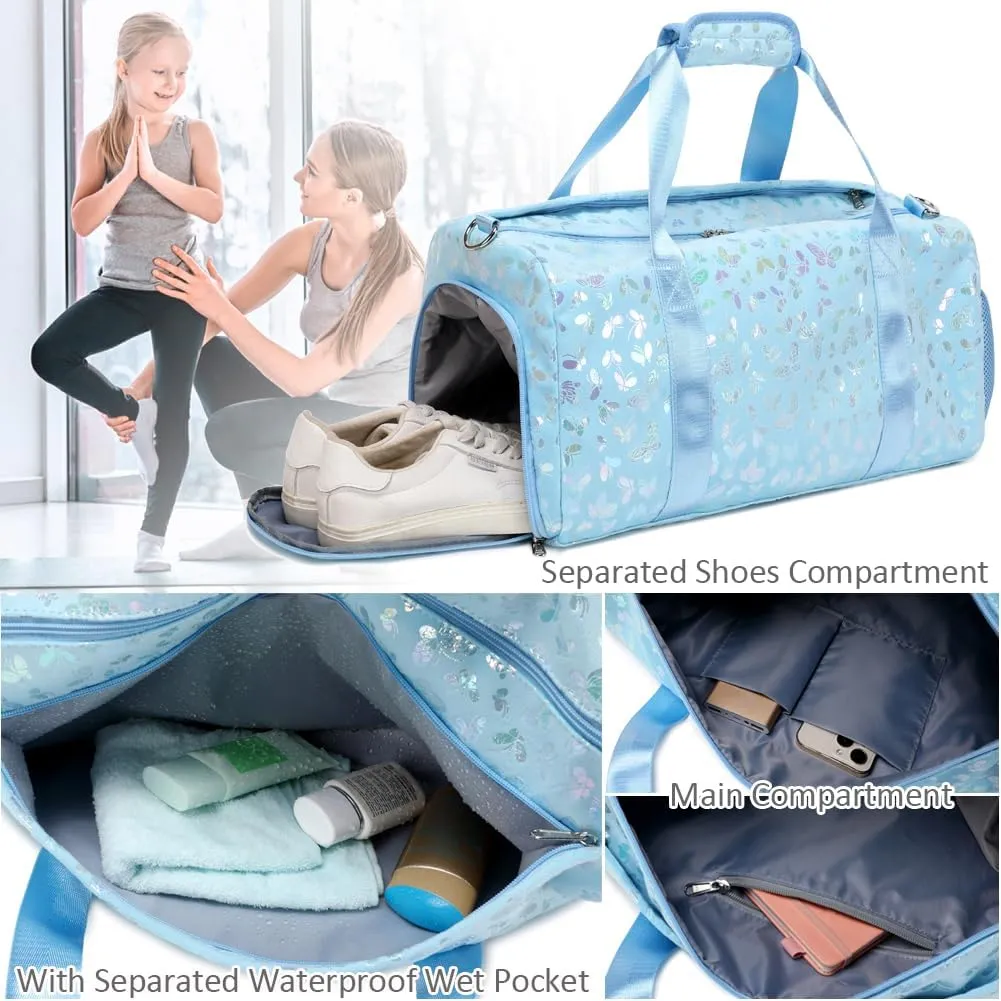 Dance Bag for Girls Soft Fuzzy Butterfly Duffel Bag for Girls Sports Gym Bag Ballet Bag Travel Duffle Bags with Shoes Compartment and Wet Pocket