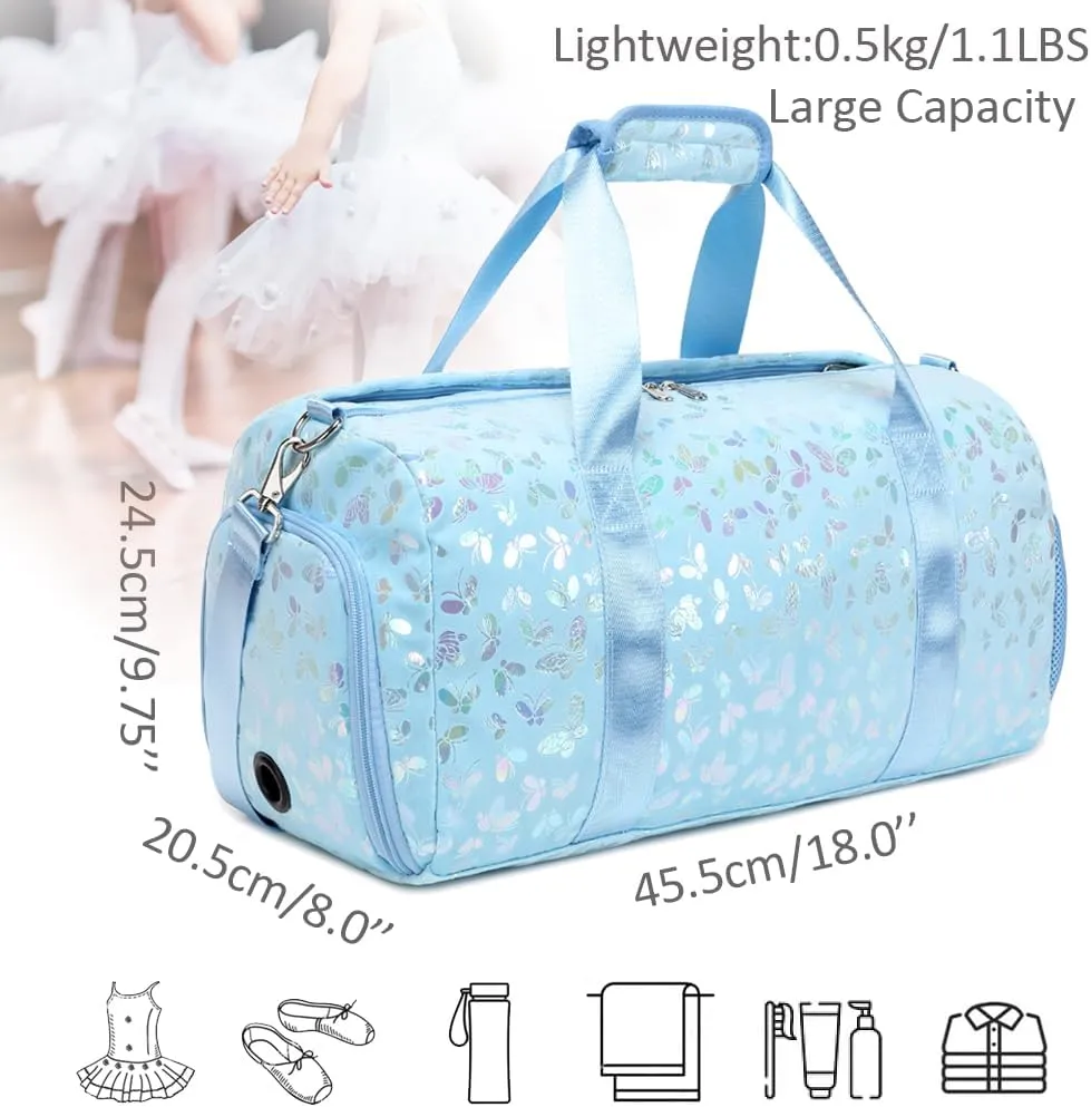 Dance Bag for Girls Soft Fuzzy Butterfly Duffel Bag for Girls Sports Gym Bag Ballet Bag Travel Duffle Bags with Shoes Compartment and Wet Pocket