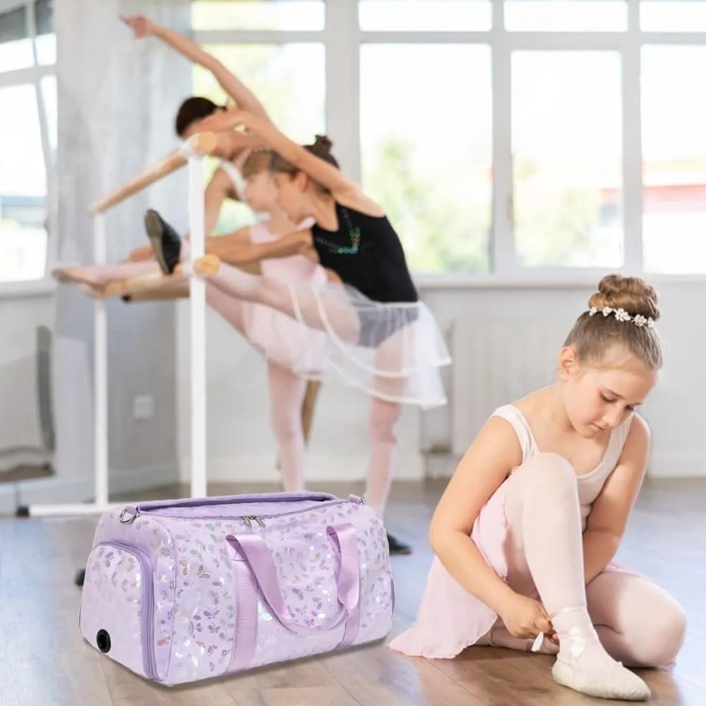 Dance Bag for Girls Soft Fuzzy Butterfly Duffel Bag for Girls Sports Gym Bag Ballet Bag Travel Duffle Bags with Shoes Compartment and Wet Pocket