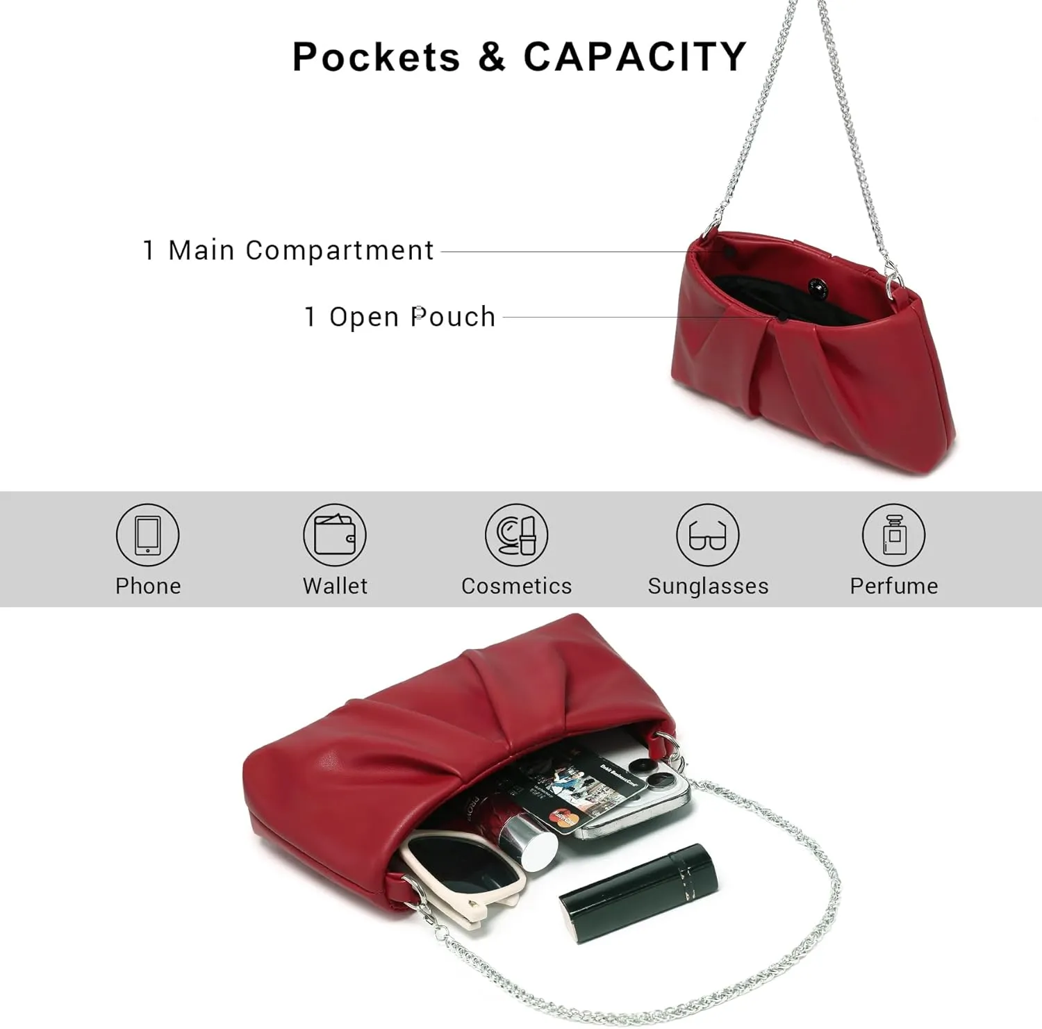 Dasein Elegant Pleated Evening Bag Soft Vegan Leather Clutch Purse Dressy Formal Handbag with 2 Chain Straps for Women