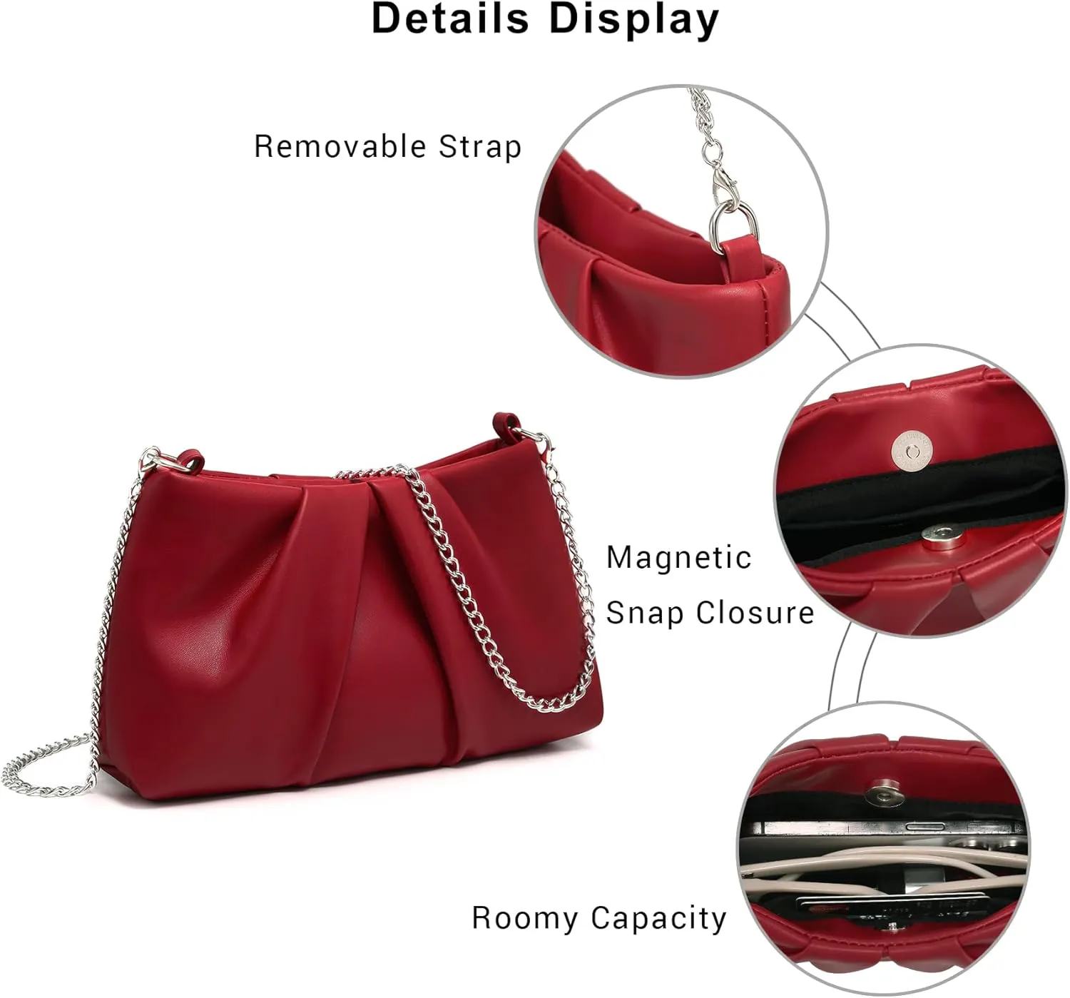 Dasein Elegant Pleated Evening Bag Soft Vegan Leather Clutch Purse Dressy Formal Handbag with 2 Chain Straps for Women