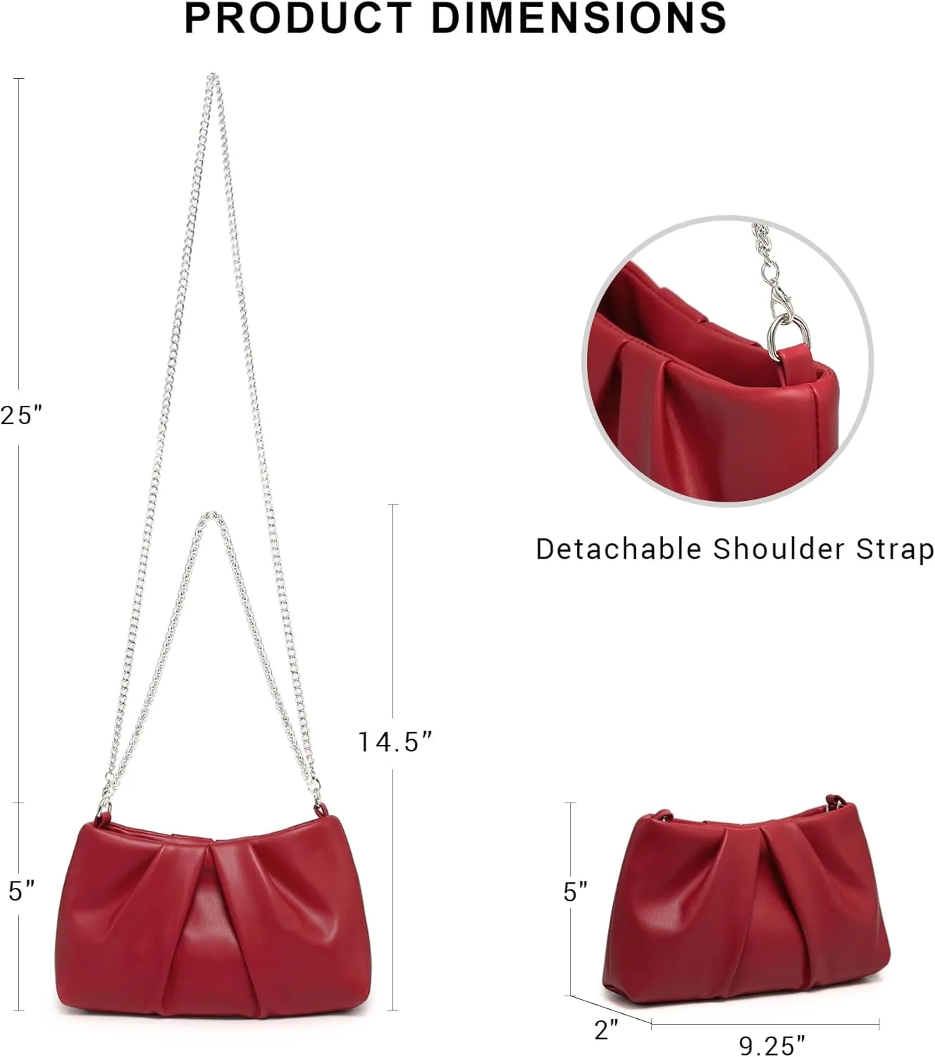 Dasein Elegant Pleated Evening Bag Soft Vegan Leather Clutch Purse Dressy Formal Handbag with 2 Chain Straps for Women