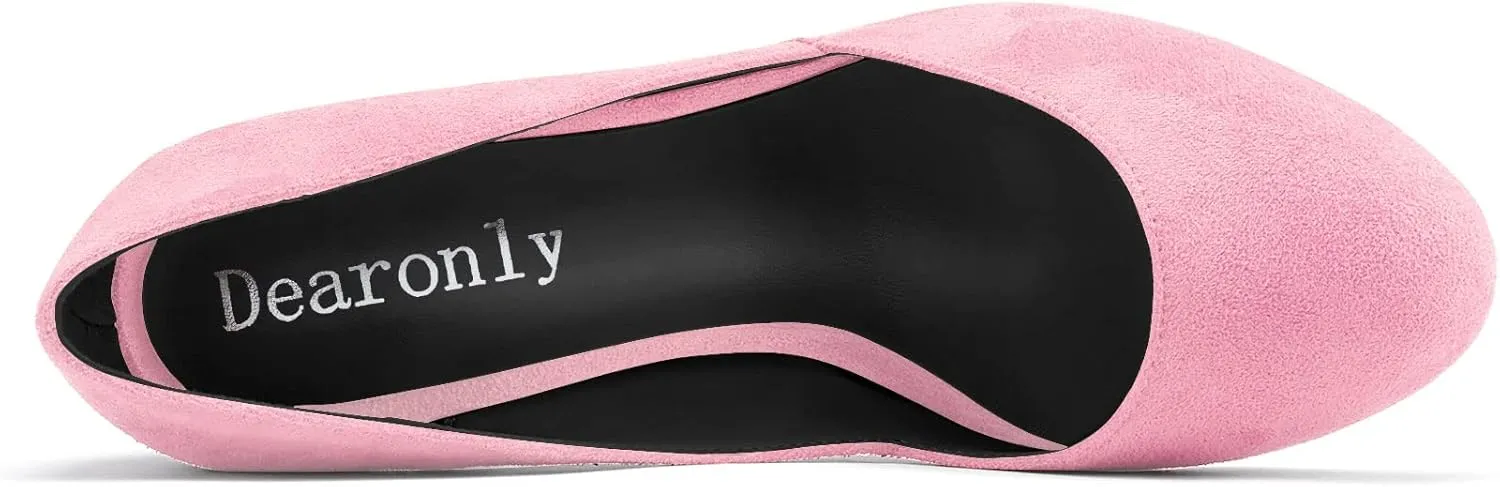 DearOnly Womens Pumps Round Closed Toe Block Chunky High Heel Slip On Suede Dress Shoes Shopping Office Cute 3 Inch