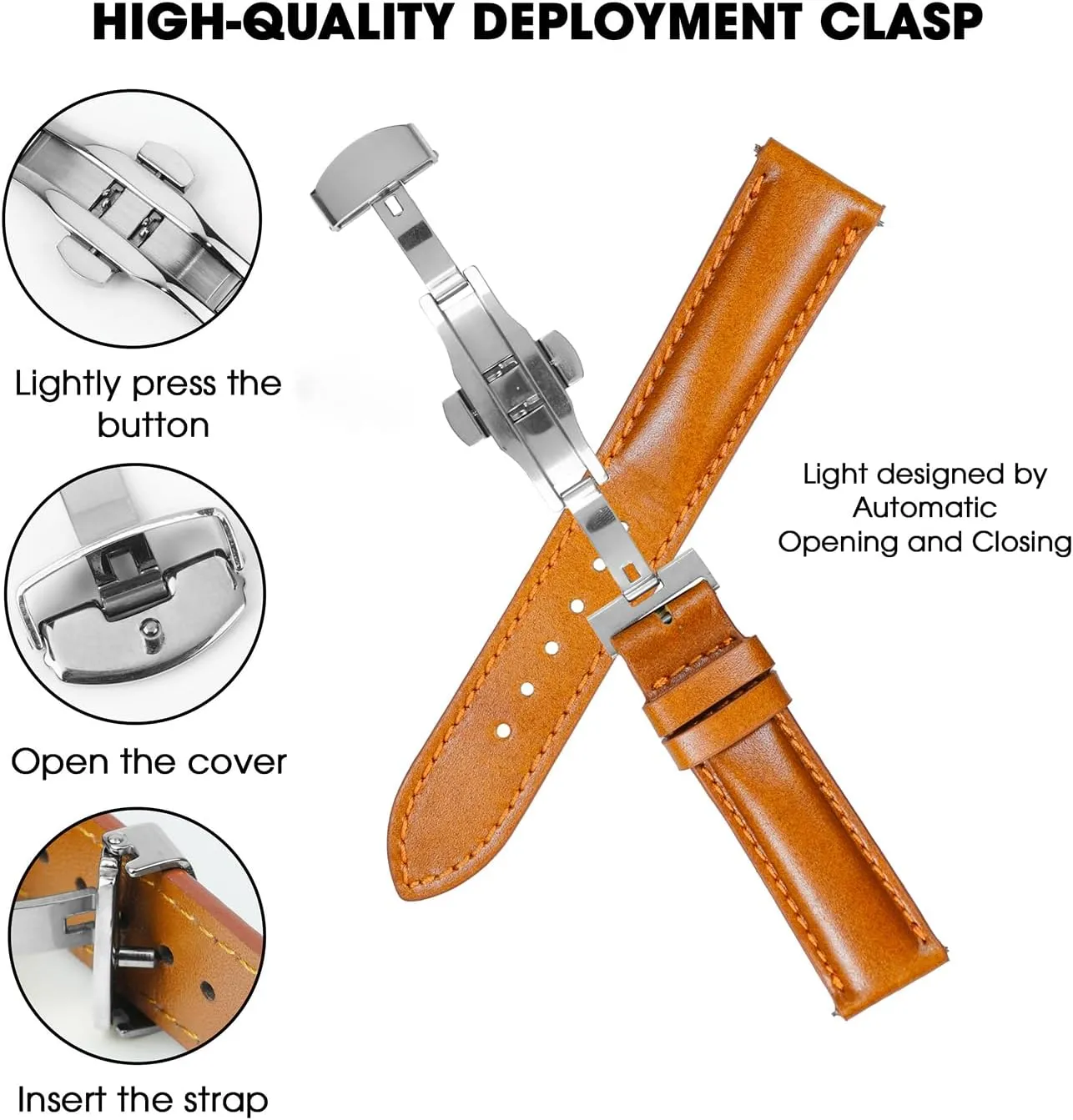 Deployment Clasp Vintage Leather Watch Band Quick Release Leather Strap For Men Women Handmade Extra Soft Watch Wrist Band Elegant Replacement Stainless Steel Strap Butterfly Buckle