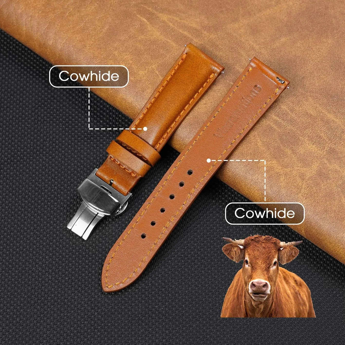 Deployment Clasp Vintage Leather Watch Band Quick Release Leather Strap For Men Women Handmade Extra Soft Watch Wrist Band Elegant Replacement Stainless Steel Strap Butterfly Buckle