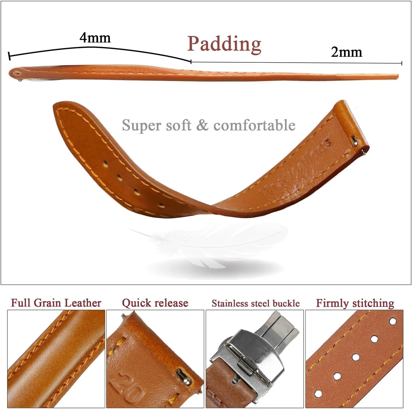 Deployment Clasp Vintage Leather Watch Band Quick Release Leather Strap For Men Women Handmade Extra Soft Watch Wrist Band Elegant Replacement Stainless Steel Strap Butterfly Buckle