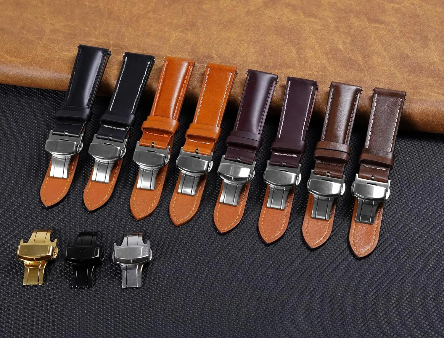 Deployment Clasp Vintage Leather Watch Band Quick Release Leather Strap For Men Women Handmade Extra Soft Watch Wrist Band Elegant Replacement Stainless Steel Strap Butterfly Buckle