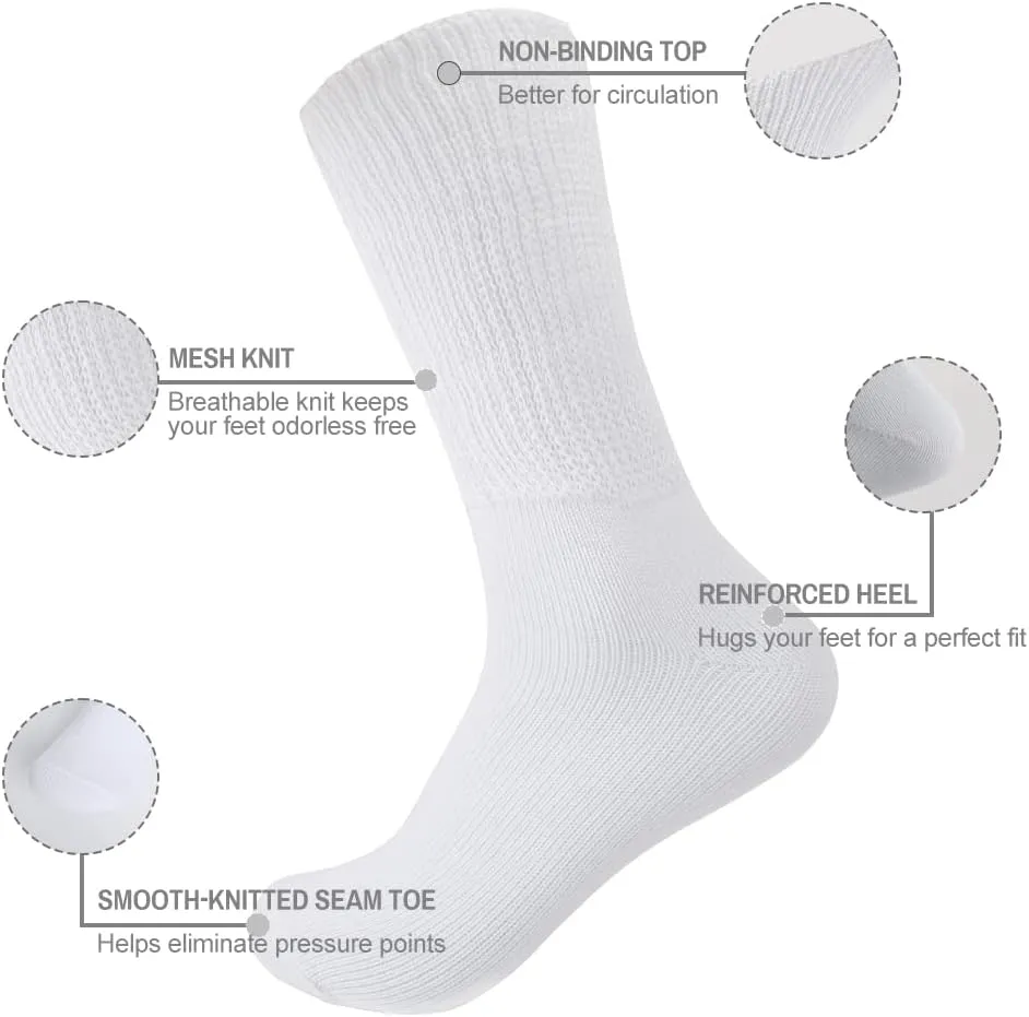 Diabetic Socks for Men Women Loose Fit Non-Binding Seamless Cuff Extra Wide Cotton Crew Socks Black White