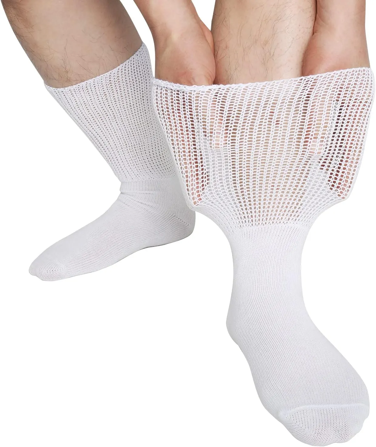 Diabetic Socks for Men Women Loose Fit Non-Binding Seamless Cuff Extra Wide Cotton Crew Socks Black White