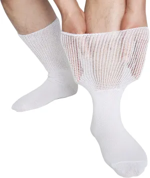Diabetic Socks for Men Women Loose Fit Non-Binding Seamless Cuff Extra Wide Cotton Crew Socks Black White