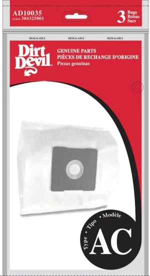 Dirt Devil Vacuum Cleaner Bags for Canister Vacs, Pack of 3, White, Type AC, Part # AD10035, Dirt Devil Vacuum Bags Refill