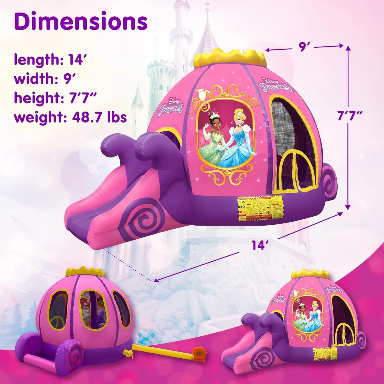 Disney Princess Carriage Inflatable Pink Bounce House with Slide and Ball Pit, Indoor Outdoor Bouncy Castle with Air Blower Kids Ages 3-8