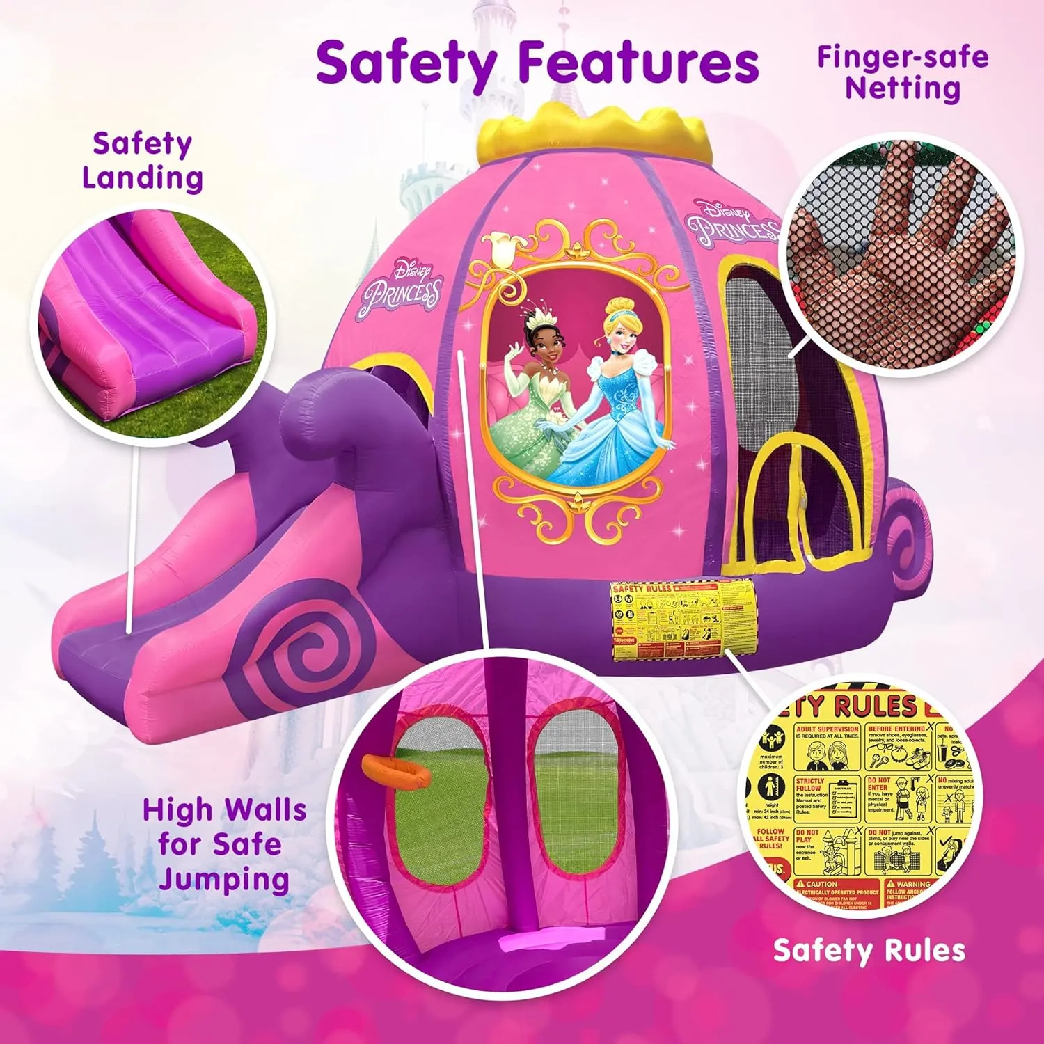 Disney Princess Carriage Inflatable Pink Bounce House with Slide and Ball Pit, Indoor Outdoor Bouncy Castle with Air Blower Kids Ages 3-8