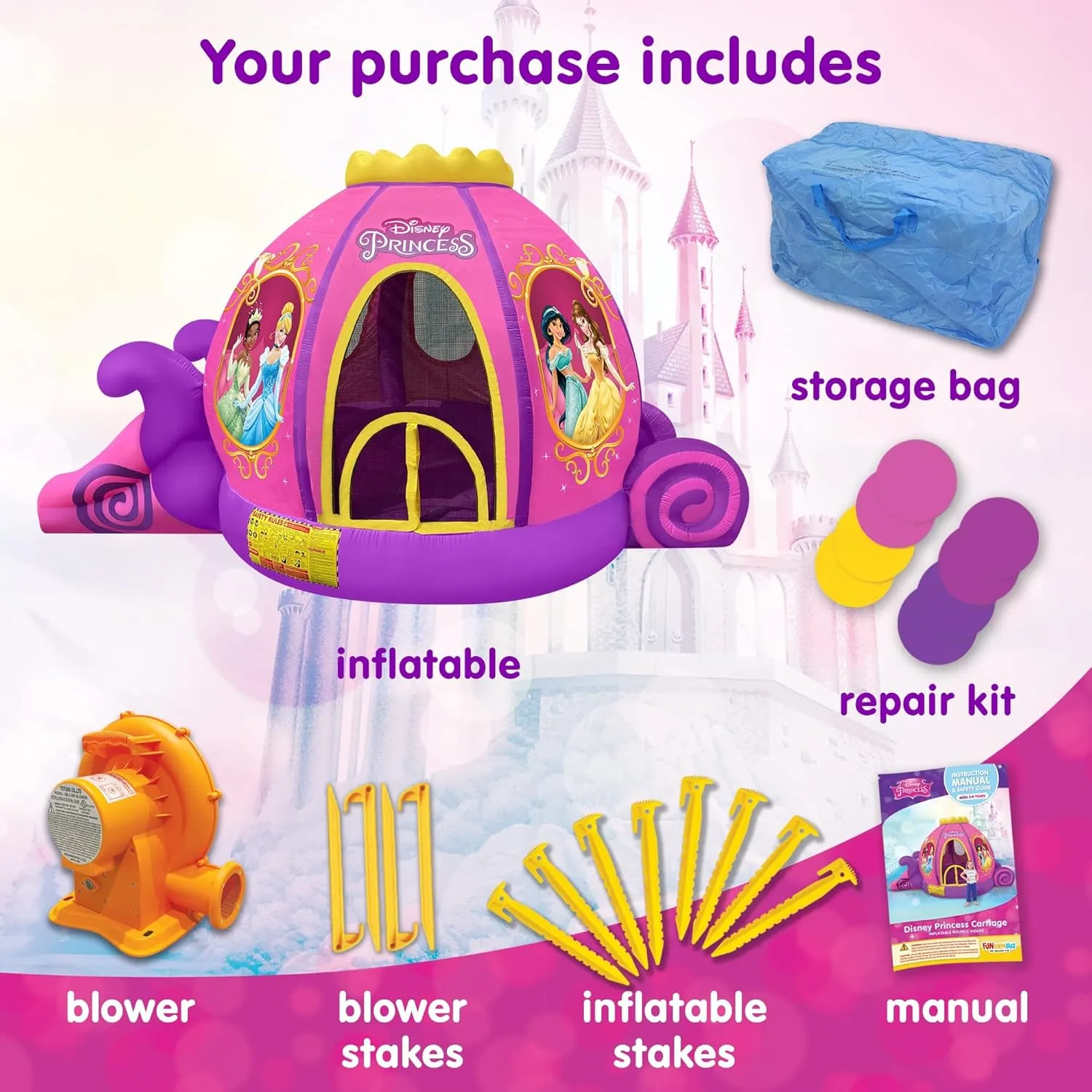 Disney Princess Carriage Inflatable Pink Bounce House with Slide and Ball Pit, Indoor Outdoor Bouncy Castle with Air Blower Kids Ages 3-8