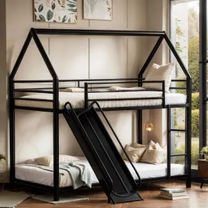 DNYN Twin Over Twin Bunk Bed with Slide for Kids Bedroom,House Shaped Bedframe w/Ladder,No Box Spring Needed & Easy Assemble, Black
