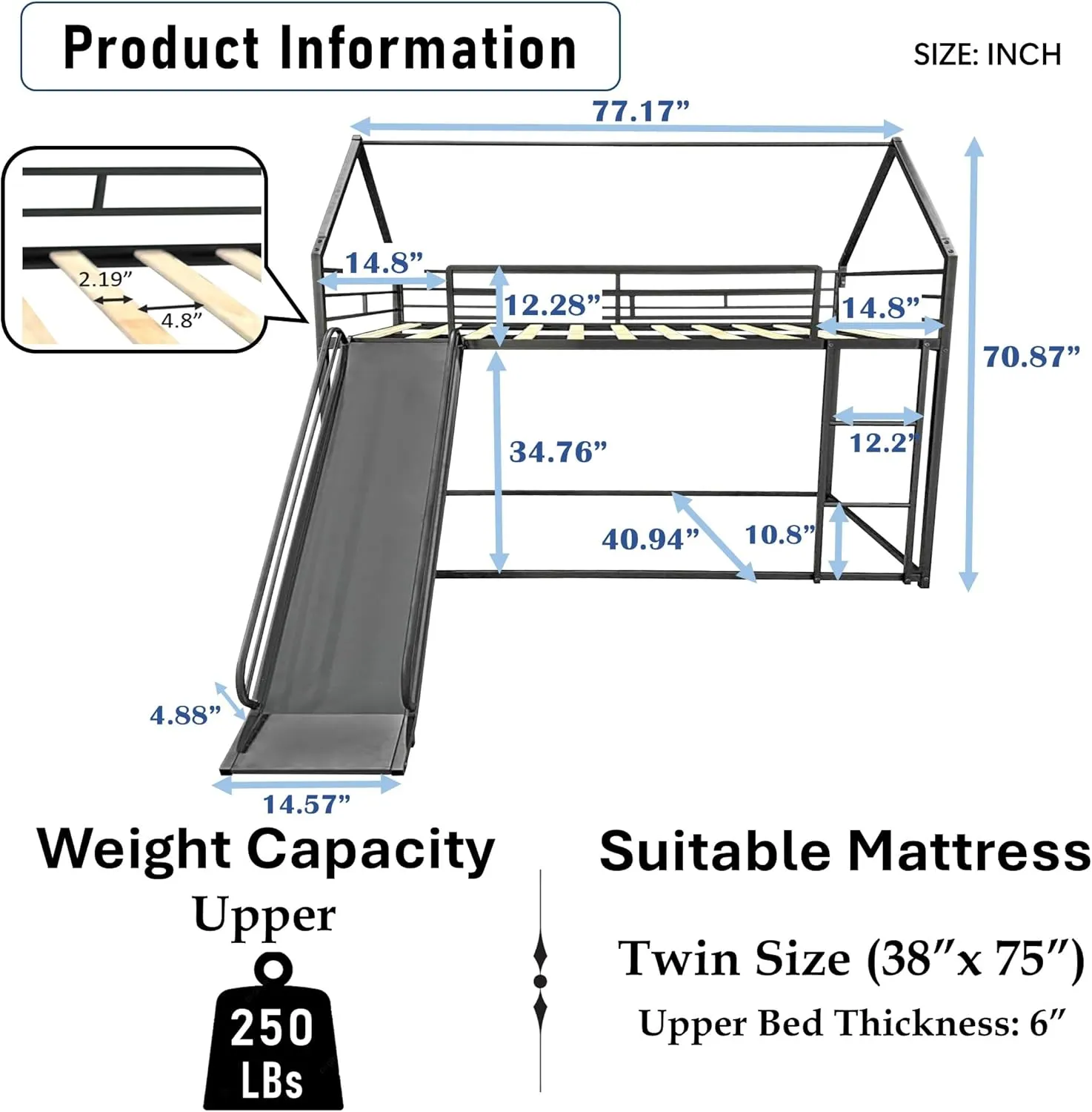 DNYN Twin Over Twin Bunk Bed with Slide for Kids Bedroom,House Shaped Bedframe w/Ladder,No Box Spring Needed & Easy Assemble, Black
