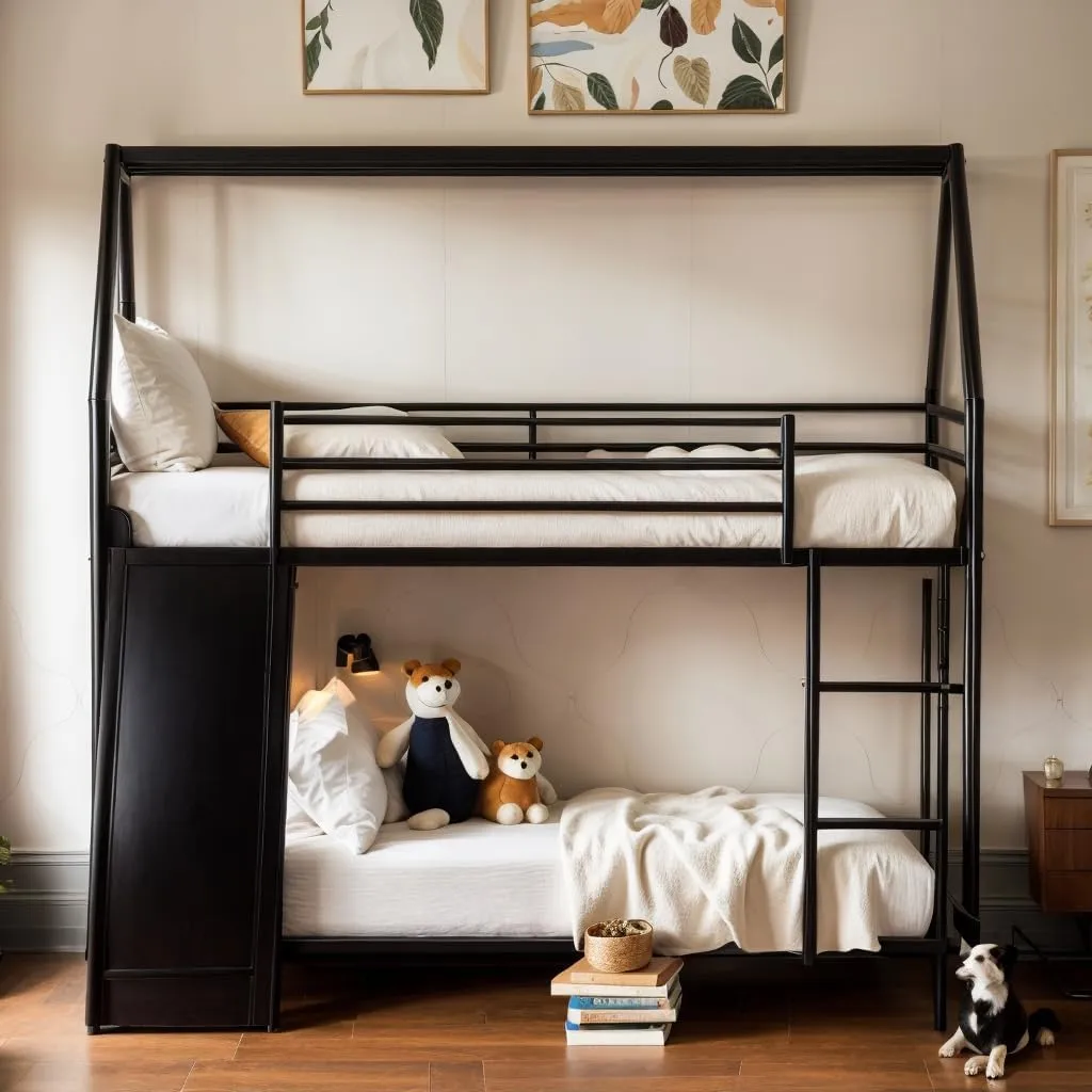 DNYN Twin Over Twin Bunk Bed with Slide for Kids Bedroom,House Shaped Bedframe w/Ladder,No Box Spring Needed & Easy Assemble, Black