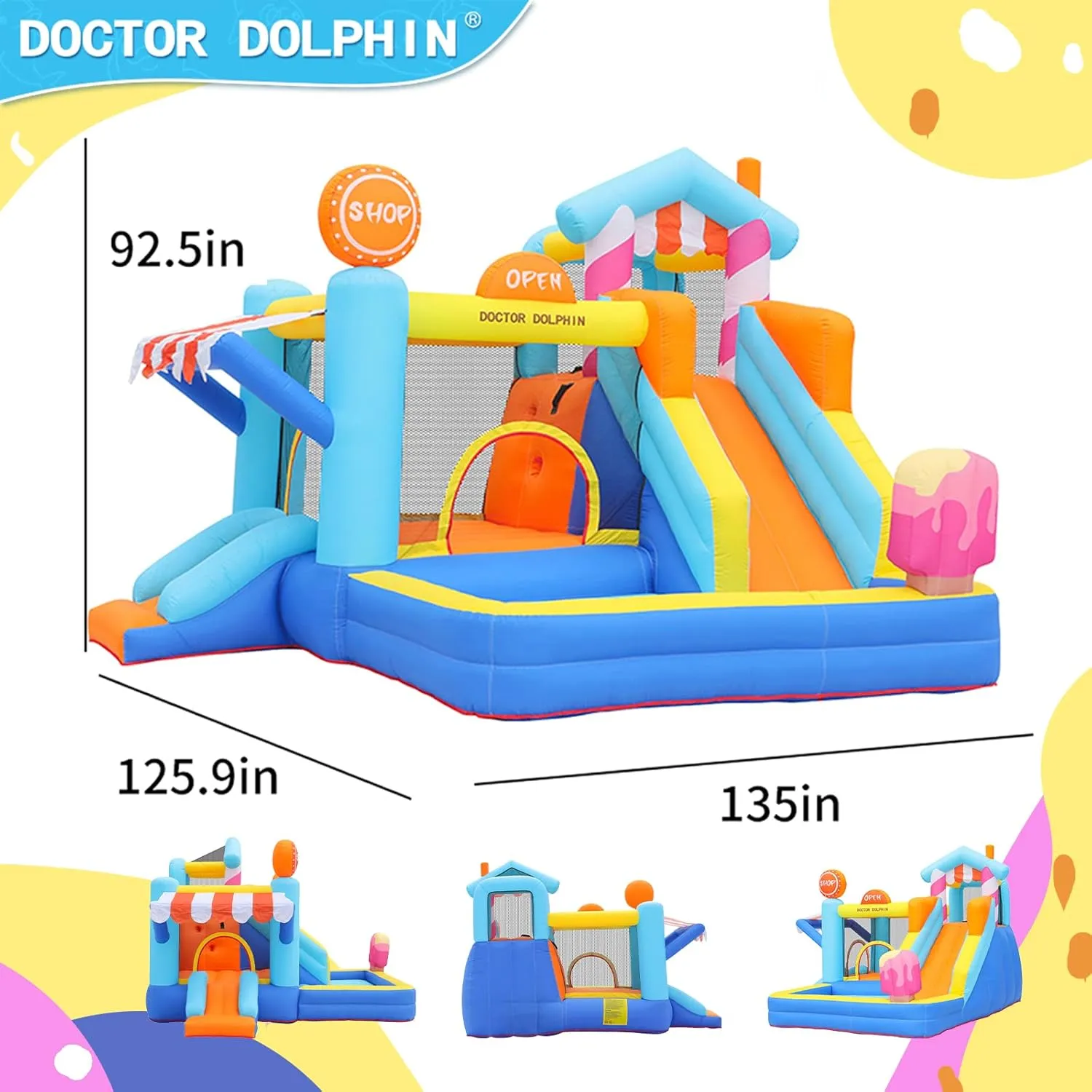 Doctor Dolphin Inflatable Bounce House for Kids Fun, Double Slide Jumping Inflatable Bouncer Blow Up Toddler Bouncy House for Kids with Blower Use for Indoor&Outdoor