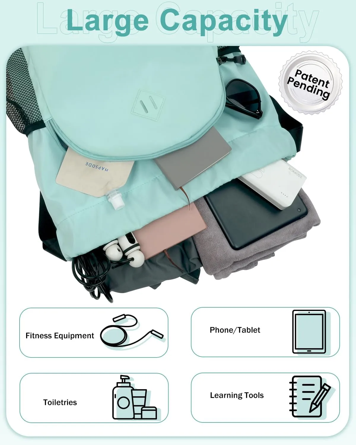 Drawstring Backpack Gym Backpack with Shoe Compartment for Men Women String Sports Bag with Wet Pocket Cinch Swim Beach Bag, Mint Green (Patent Pending)