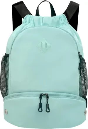 Drawstring Backpack Gym Backpack with Shoe Compartment for Men Women String Sports Bag with Wet Pocket Cinch Swim Beach Bag, Mint Green (Patent Pending)