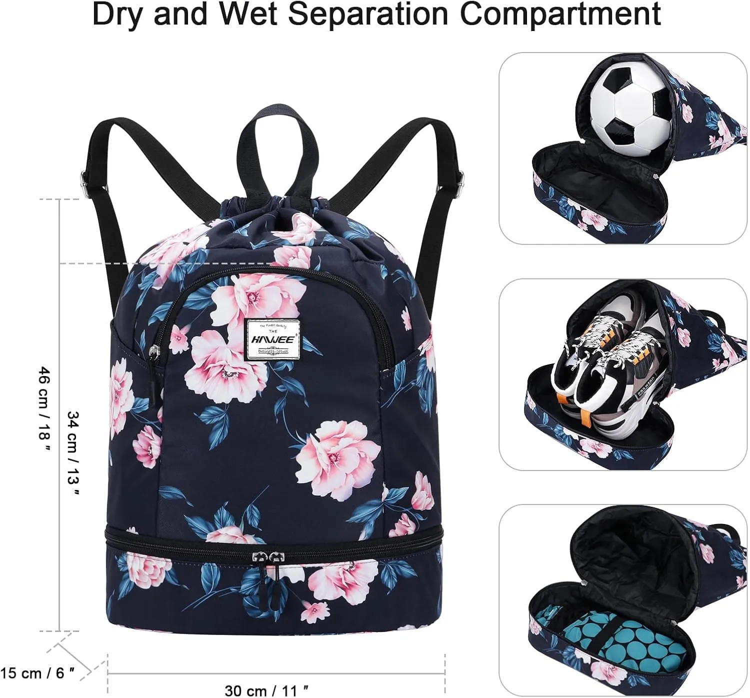 Dry Wet Drawstring Backpack with Shoe Compartment for Women Adjustable Gym Bag