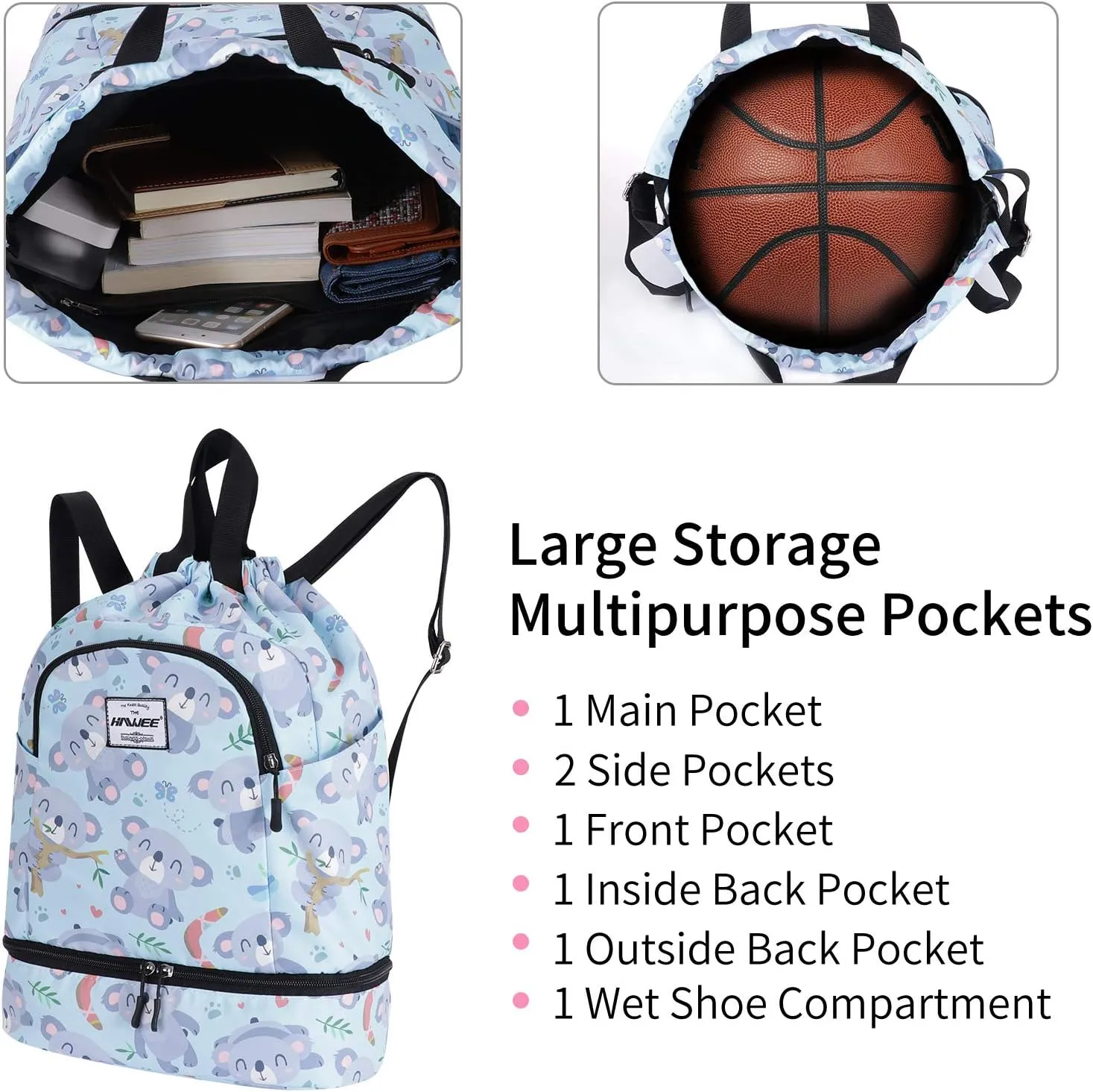 Dry Wet Drawstring Backpack with Shoe Compartment for Women Adjustable Gym Bag
