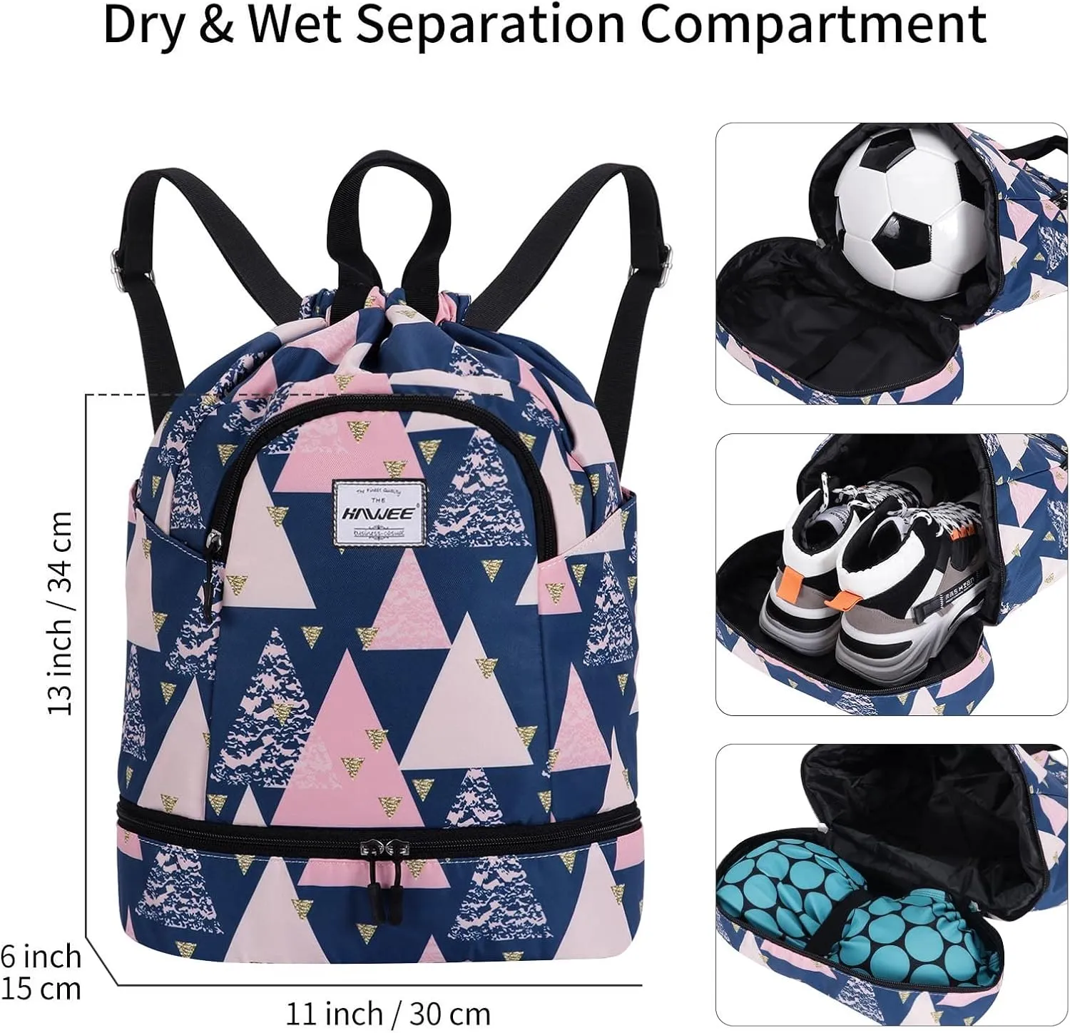 Dry Wet Drawstring Backpack with Shoe Compartment for Women Adjustable Gym Bag