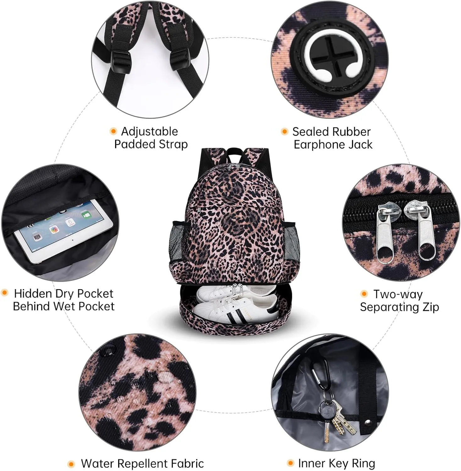 Dry Wet Gym Backpack with Shoe Compartment for Women Men Packable Anti-Water Sports Bag for Swimming Beach Yoga Travel, Leopard