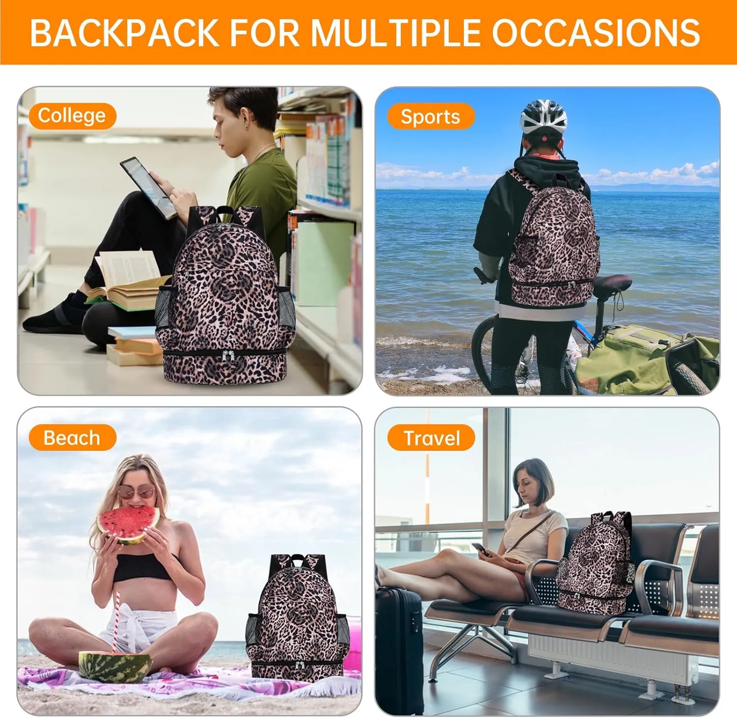 Dry Wet Gym Backpack with Shoe Compartment for Women Men Packable Anti-Water Sports Bag for Swimming Beach Yoga Travel, Leopard