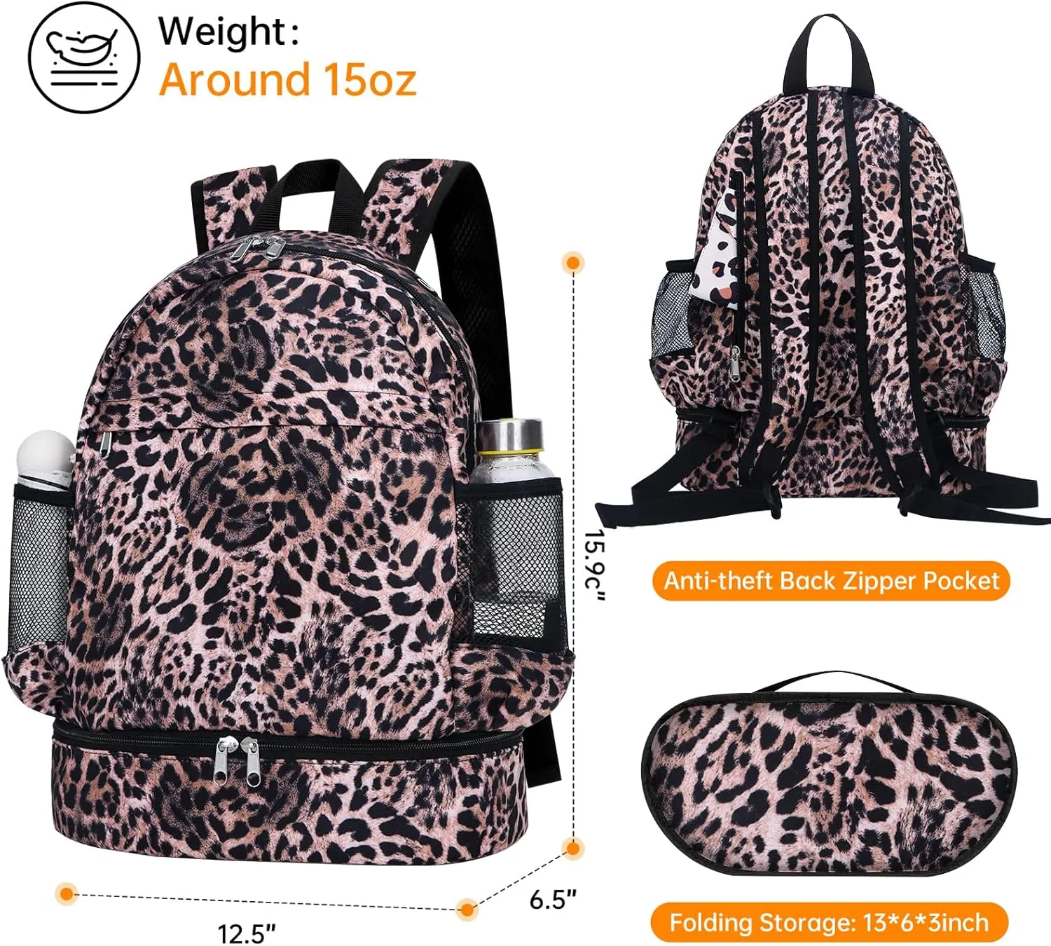 Dry Wet Gym Backpack with Shoe Compartment for Women Men Packable Anti-Water Sports Bag for Swimming Beach Yoga Travel, Leopard