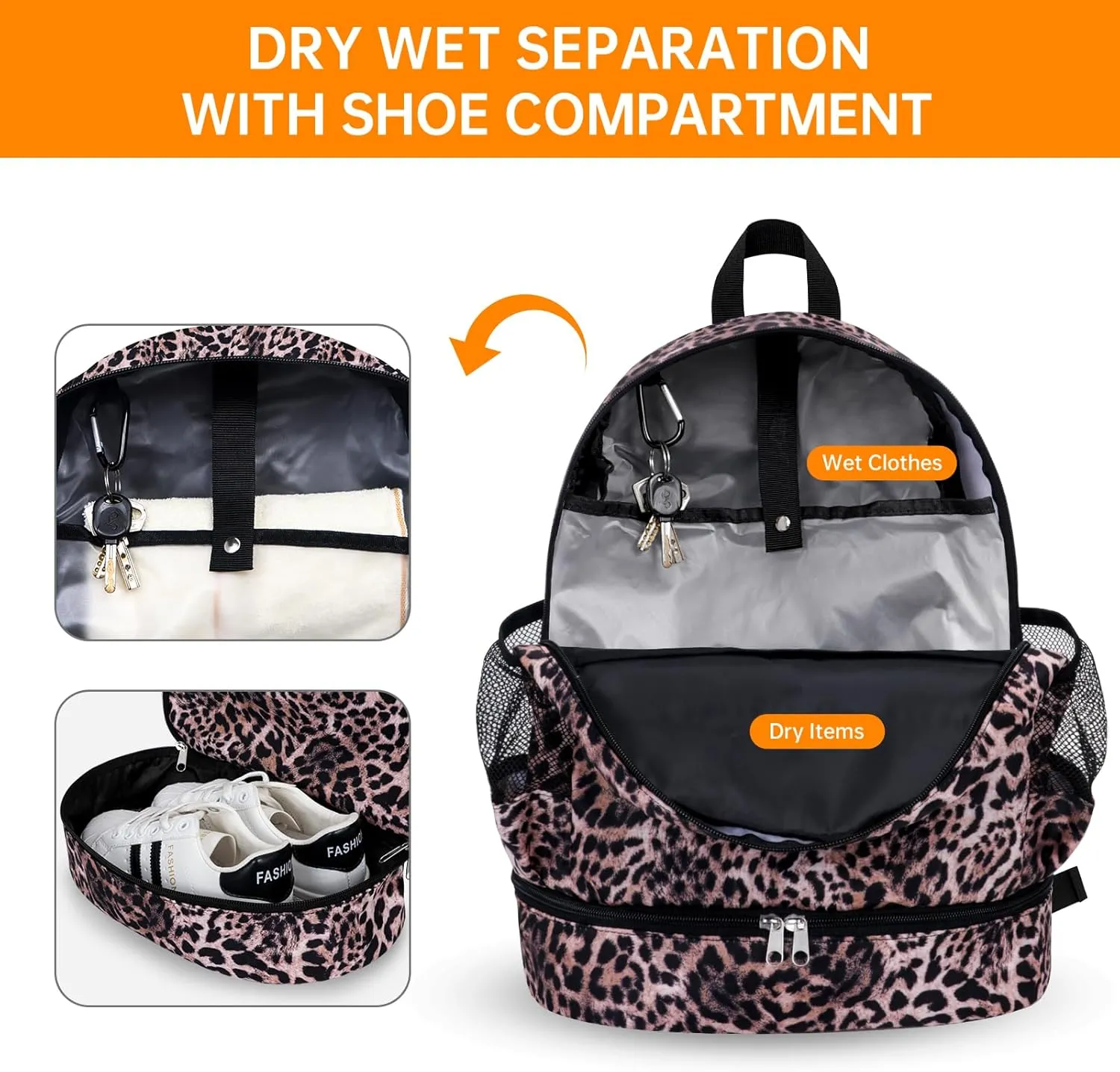 Dry Wet Gym Backpack with Shoe Compartment for Women Men Packable Anti-Water Sports Bag for Swimming Beach Yoga Travel, Leopard