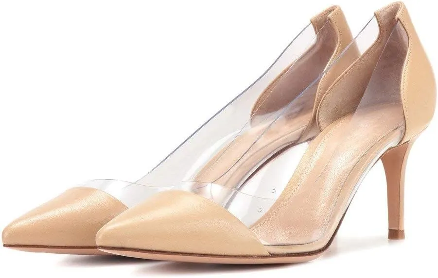 Eldof Women's Stilettos Pumps Pointed Toe Clear Transparent PVC Vamp High Heels Slip on 3 Inch Wedding Dressy Work Shoes
