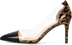 Eldof Women's Stilettos Pumps Pointed Toe Clear Transparent PVC Vamp High Heels Slip on 3 Inch Wedding Dressy Work Shoes