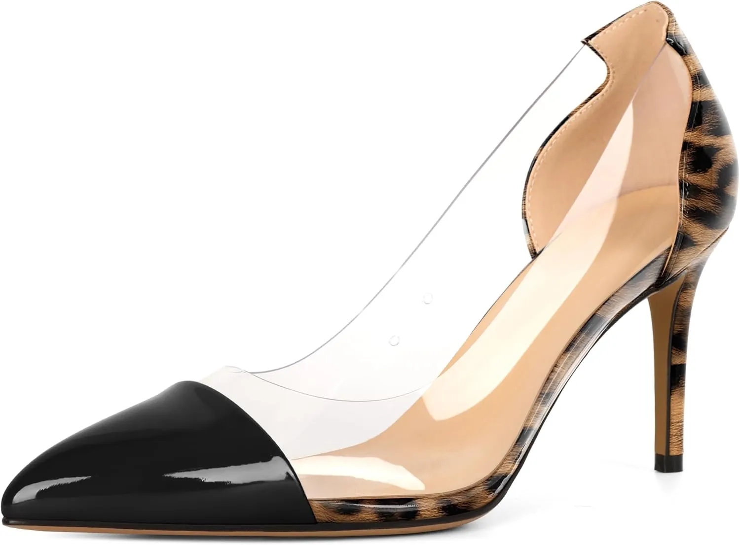 Eldof Women's Stilettos Pumps Pointed Toe Clear Transparent PVC Vamp High Heels Slip on 3 Inch Wedding Dressy Work Shoes