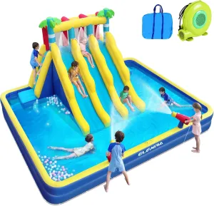 ELEMARA Inflatable Water Slide for Big Kids w/Large Double-Layer Pool, 20.66x16.4FT, Water Park for Kids Backyard w/3 Extra-Long Slides, Climbing Wall, 2 Water Cannons, Water Spraying, 750W Air Blower