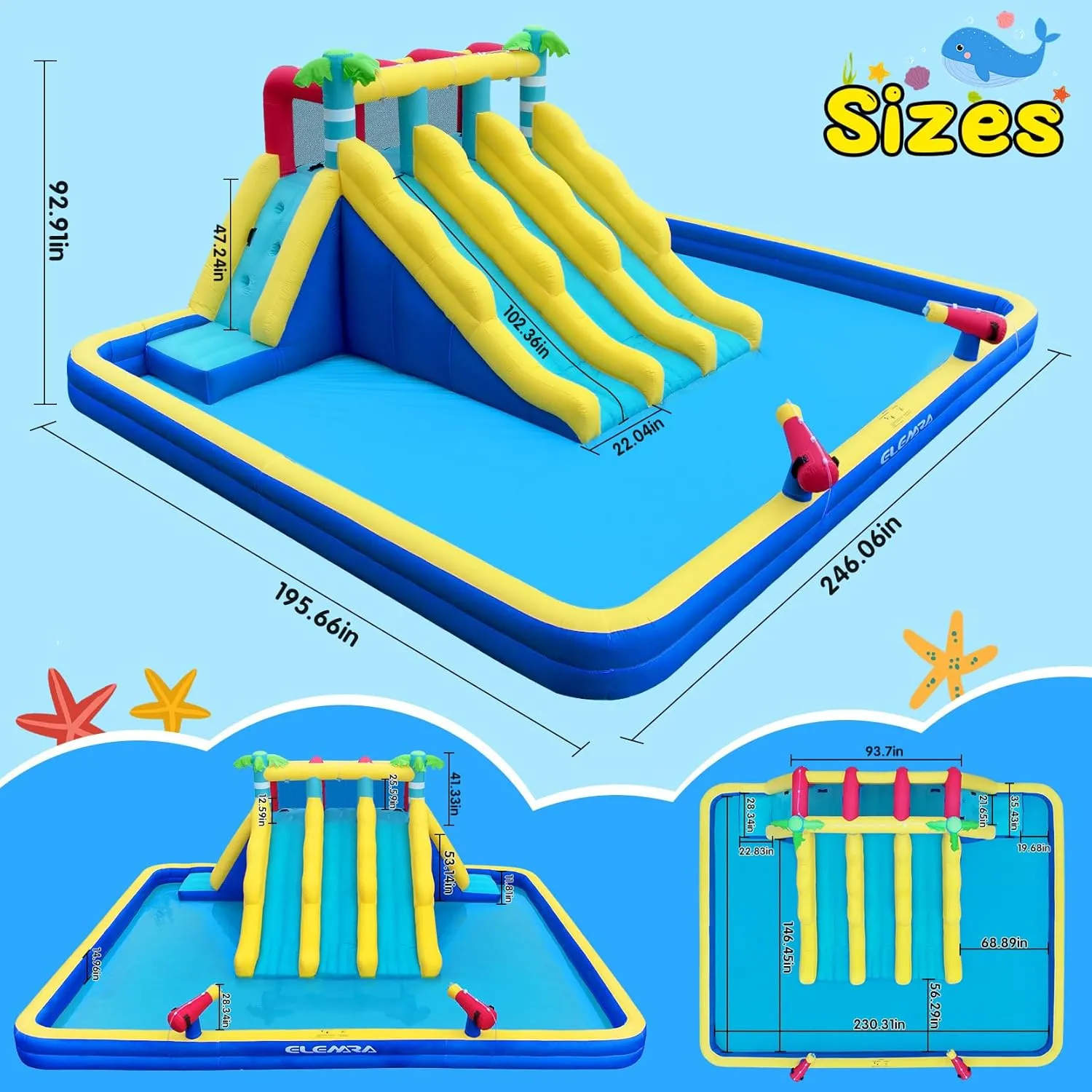ELEMARA Inflatable Water Slide for Big Kids w/Large Double-Layer Pool, 20.66x16.4FT, Water Park for Kids Backyard w/3 Extra-Long Slides, Climbing Wall, 2 Water Cannons, Water Spraying, 750W Air Blower