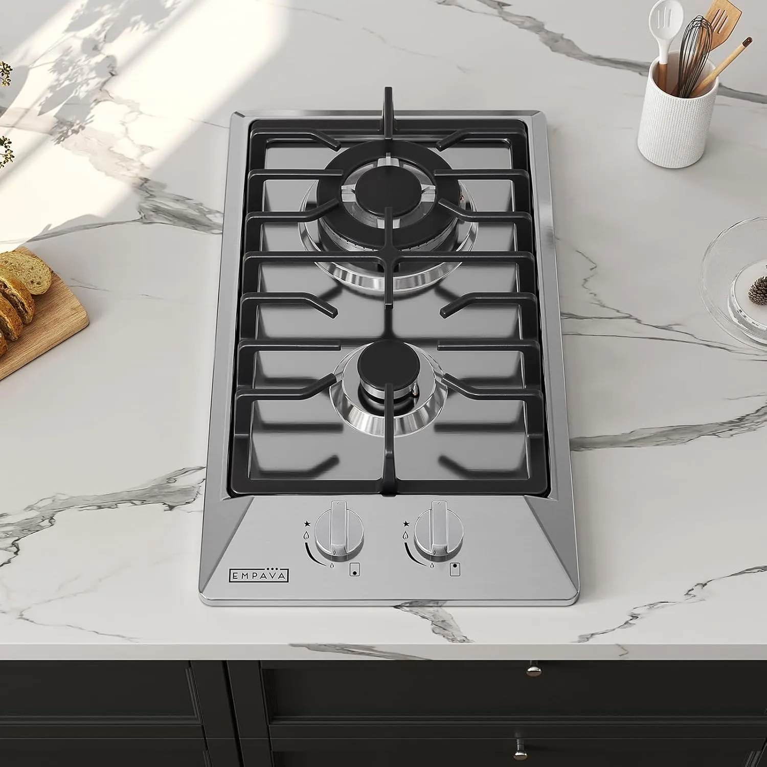 Empava 12 Inch Built-In Gas Cooktop with 2 Sealed SABAF Burners, Stainless Steel Surface Dishwasher Safe Cast Iron Grates, NG/LPG Convertible
