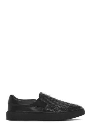 Erkek Siyah Örgü Deri Loafer
