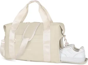 ETRONIK Foldable Travel Bag for Women Men, Gym Bag with Shoe Compartment, Carry On Duffle Bag for Personal Item, Weekender Overnight Tote Bag for Sports, Water Resistant Travel Bag for Travel, White