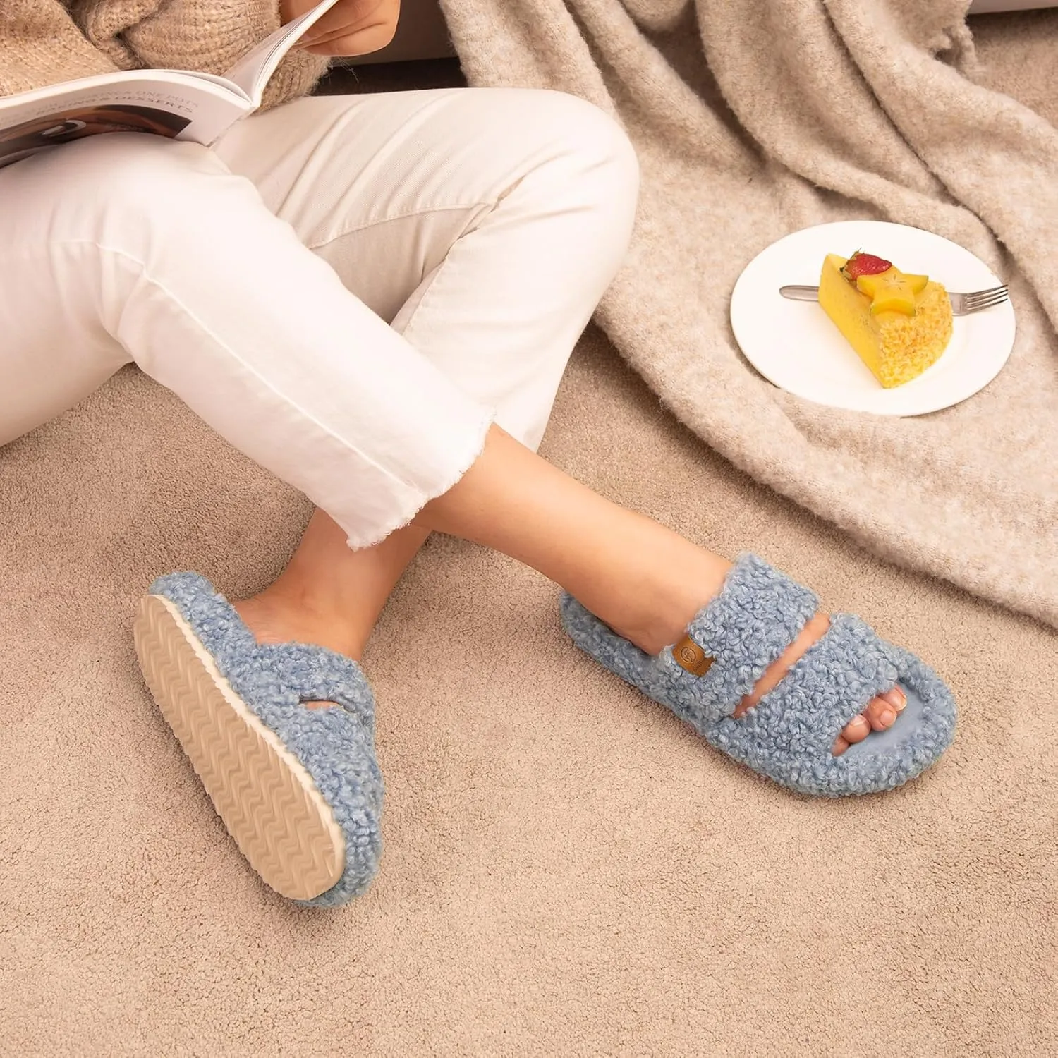 EverFoams Womens Fuzzy Open-toe Slippers Soft Comfy Memory Foam Indoor House Shoes