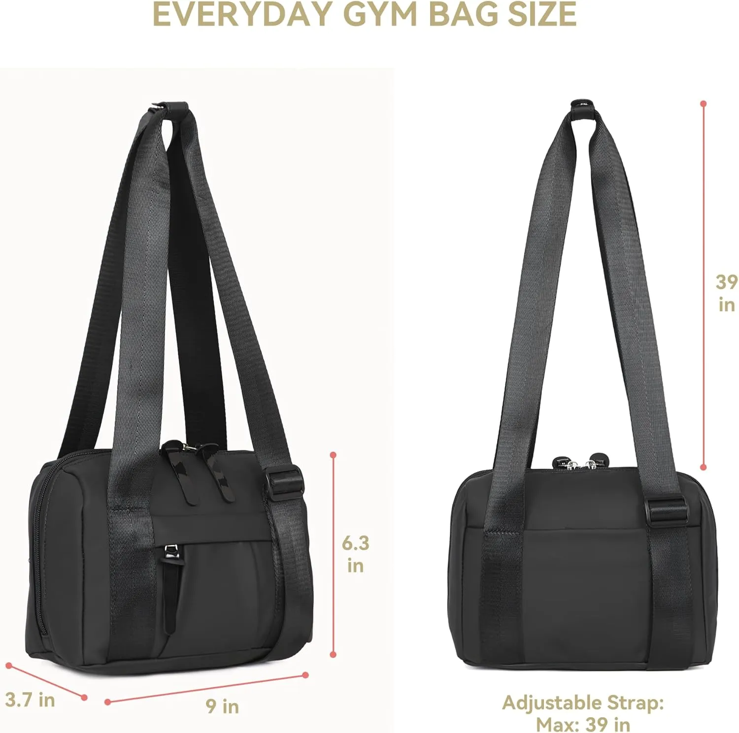 Everyday Mini Gym Bag for Women, Small Tote with Zipper Compartment & Key Ring Clip, Waterproof Travel Duffle Cute Workout Sports Carry On with Longer Shoulder Strap, Easy to Clean - Black