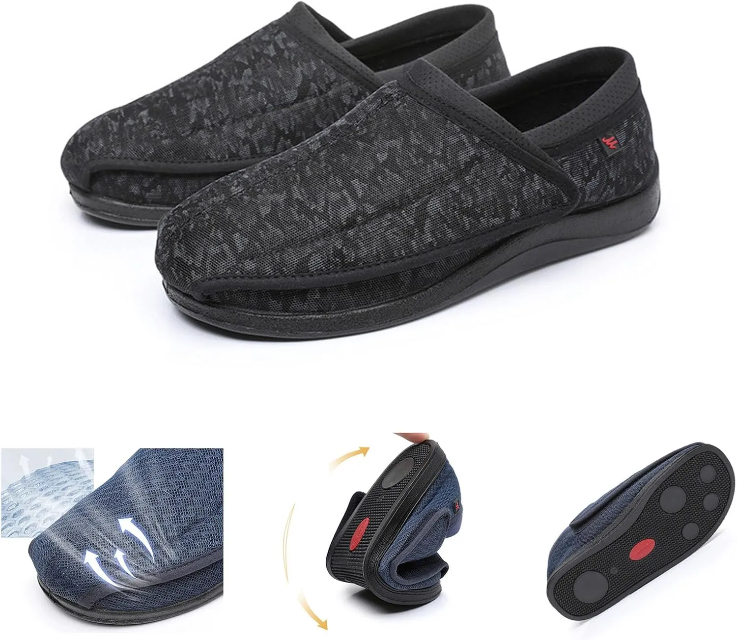 Extra Wide Diabetic Shoes Slip-on Shoes for Swollen Feet Lightweight Breathable Easy On/Off, Adjustable Walking Shoes for Elder People (Black Camo) Men 7.5