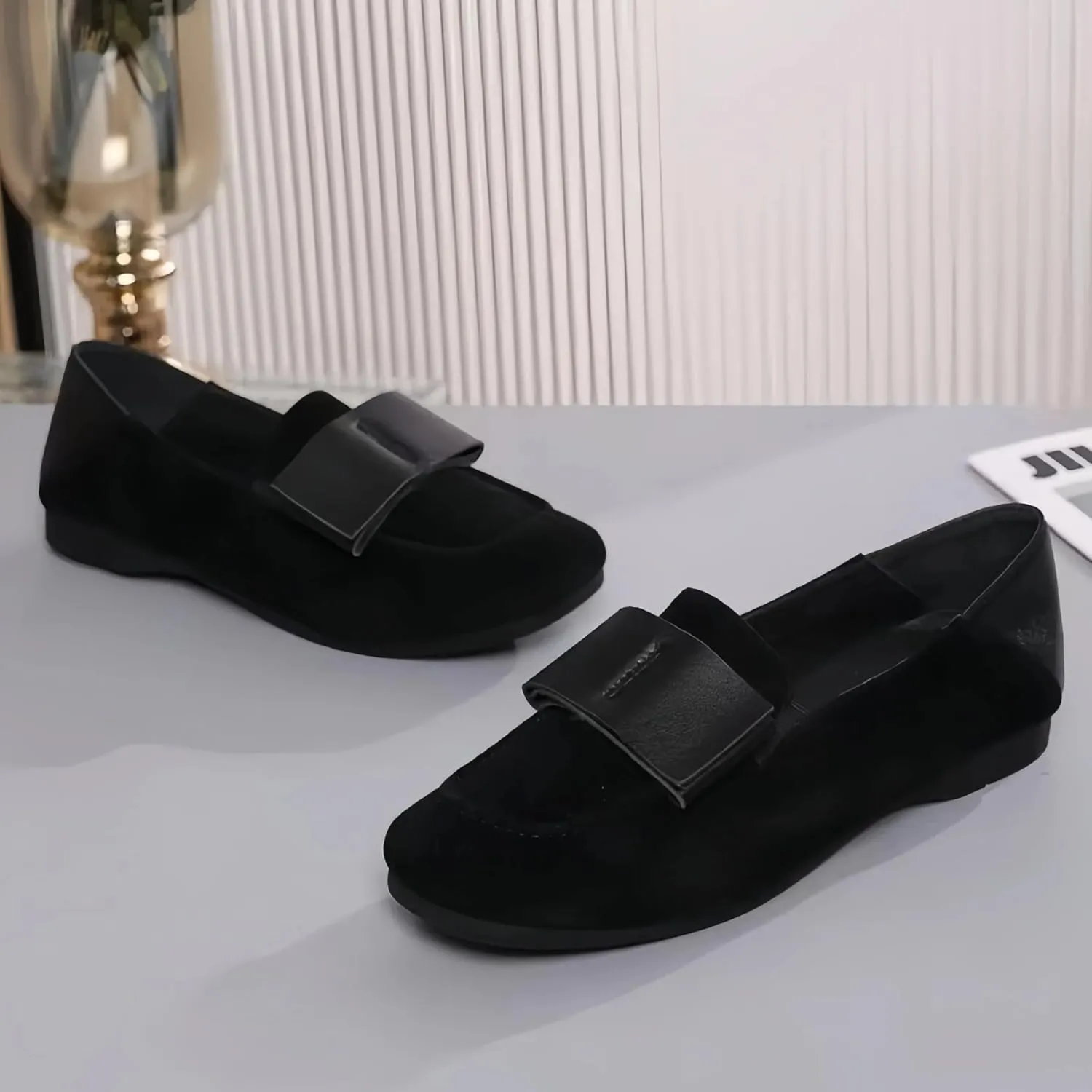 Fashionable Suede Women‘s Square Toe Flats with Bow,Slip On Penny Loafer for Women Platforms Low-Heel,Womens Shoes Dressy Casual,Comfortable&Lightweight
