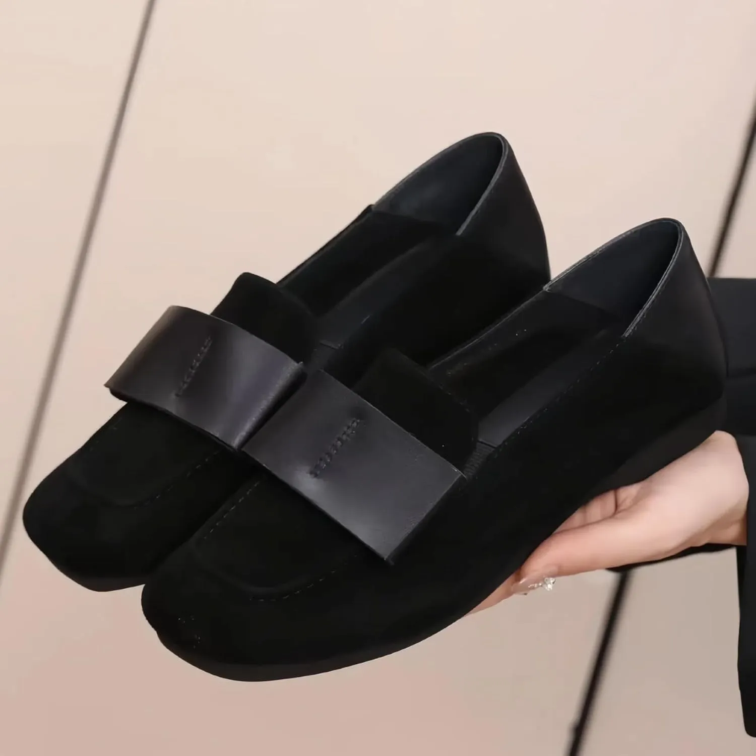 Fashionable Suede Women‘s Square Toe Flats with Bow,Slip On Penny Loafer for Women Platforms Low-Heel,Womens Shoes Dressy Casual,Comfortable&Lightweight