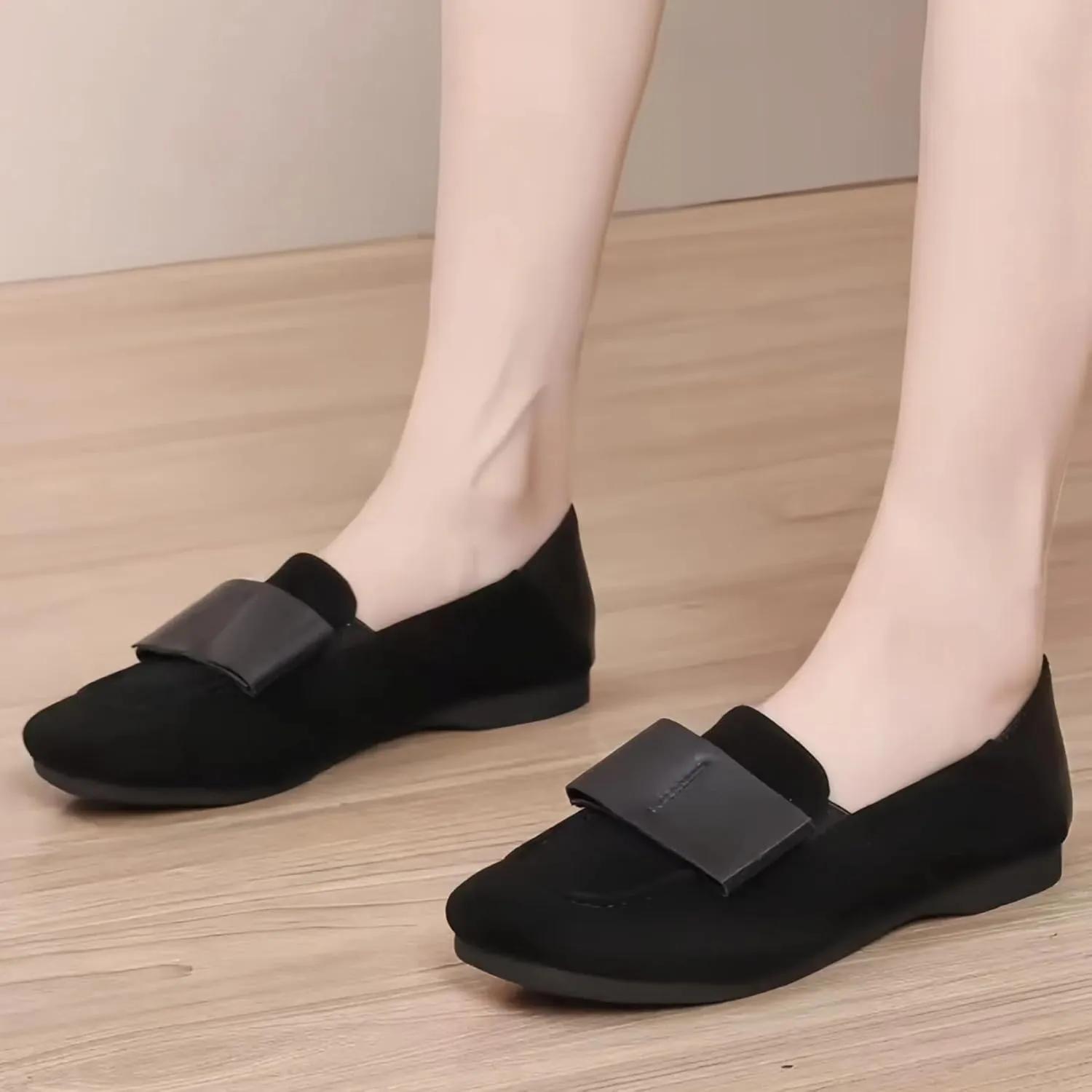 Fashionable Suede Women‘s Square Toe Flats with Bow,Slip On Penny Loafer for Women Platforms Low-Heel,Womens Shoes Dressy Casual,Comfortable&Lightweight